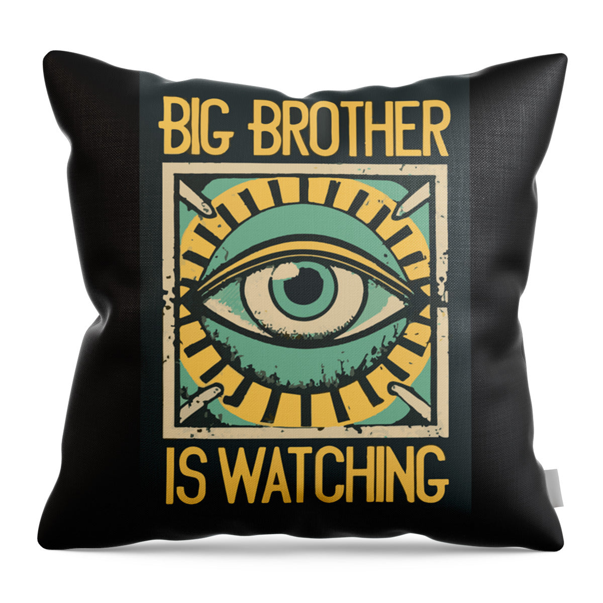 Black throw pillow with square eye design, green-blue tones, and yellow “BIG BROTHER” text