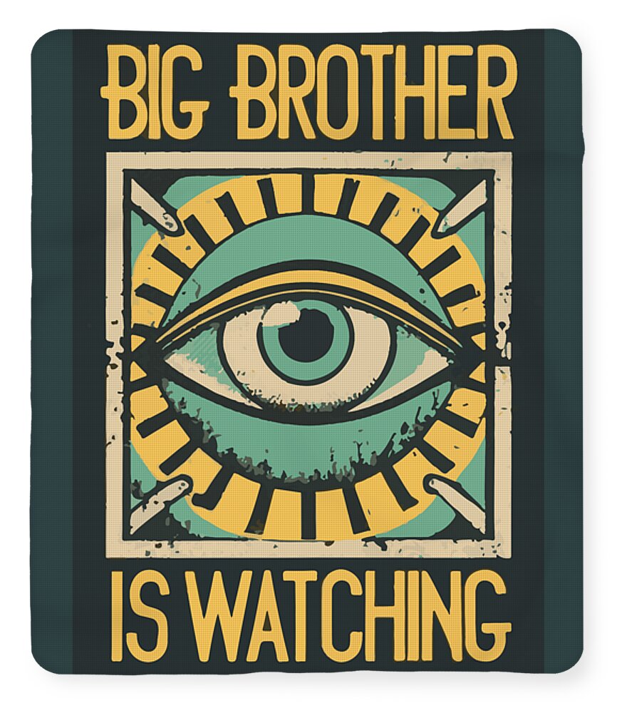 Big Brother is Watching throw blanket with teal eye graphic and bold yellow title text