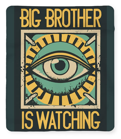 Big Brother is Watching throw blanket with teal eye graphic and bold yellow title text