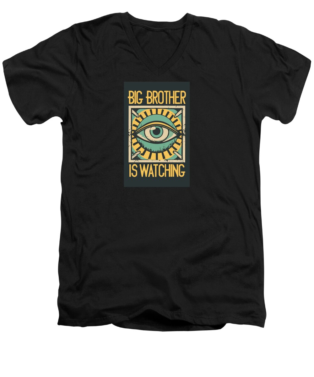 Men's black v-neck t-shirt with eye graphic and 'is watching' text