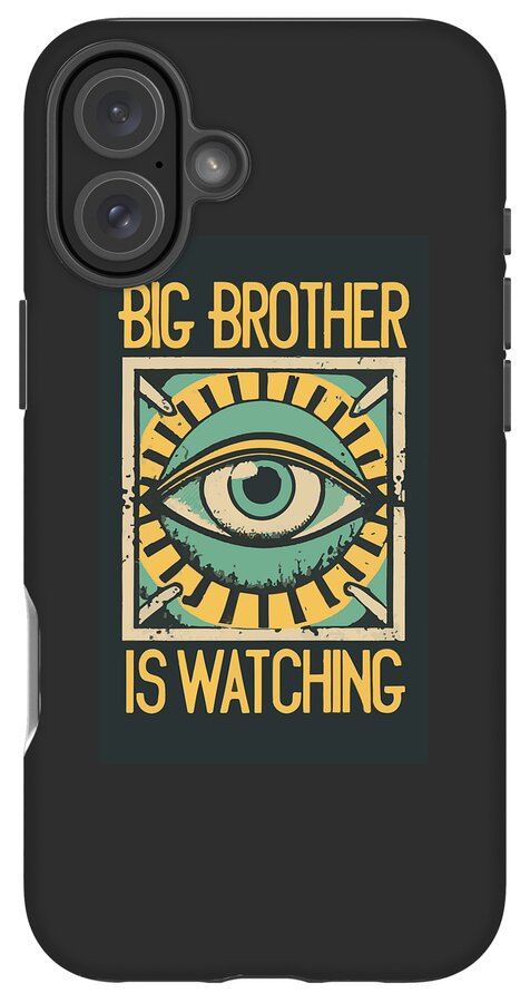 Matte black phone case with “Big Brother is Watching” eye graphic, triple-lens camera area.