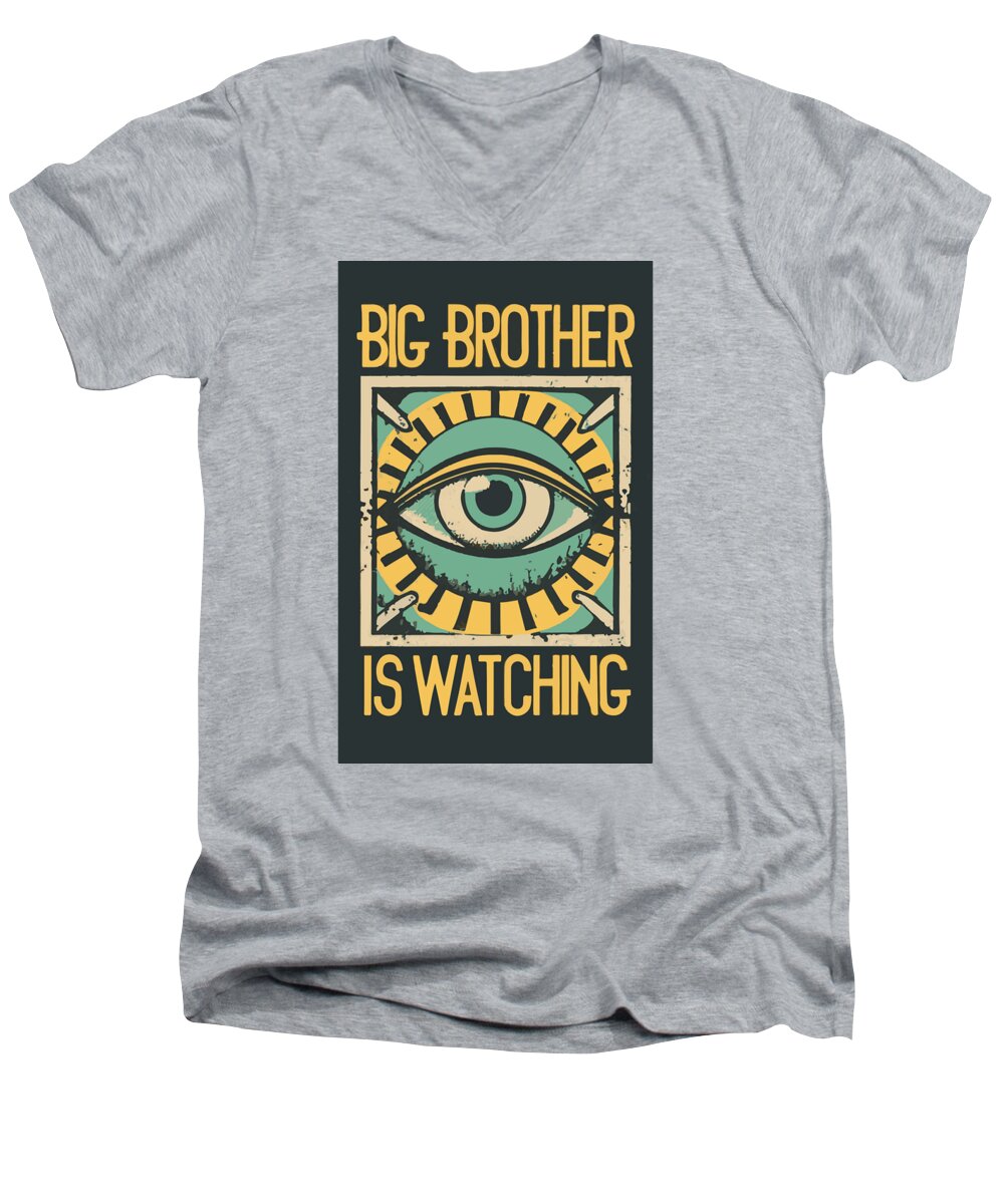 Men's heather gray v-neck t-shirt, eye graphic with 'Big Brother is Watching' text