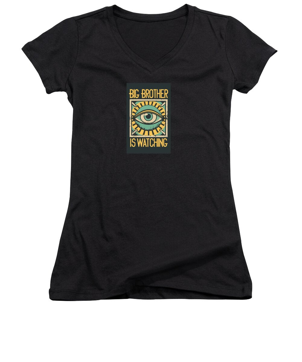 Black women's v-neck T-shirt with square eye graphic and text