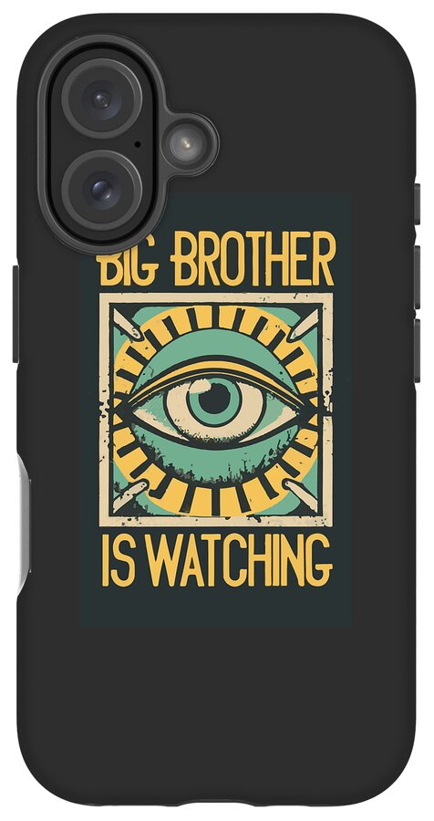 Matte black phone case with “Big Brother is Watching” eye graphic, triple-lens camera area.