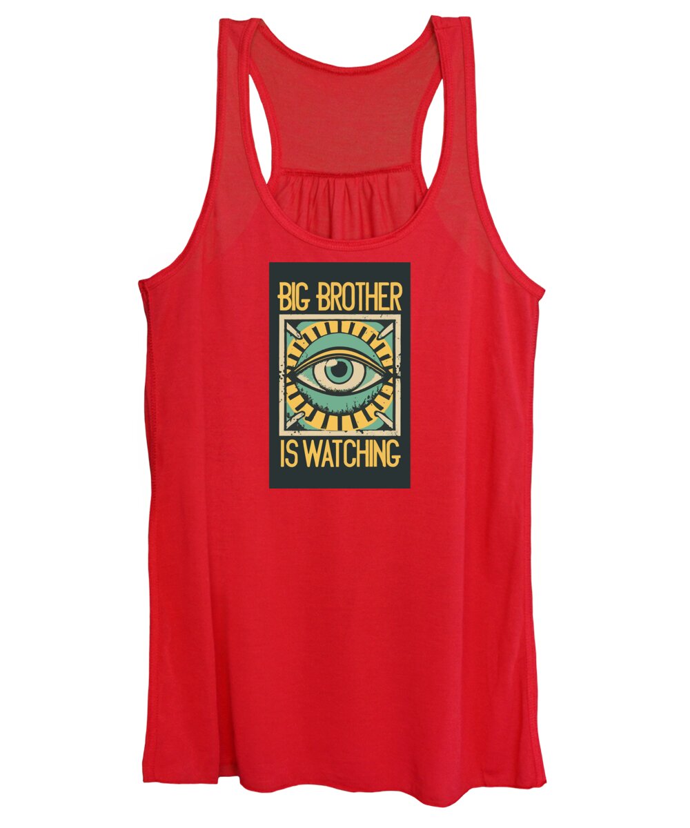 Red women's tank top with surveillance eye graphic