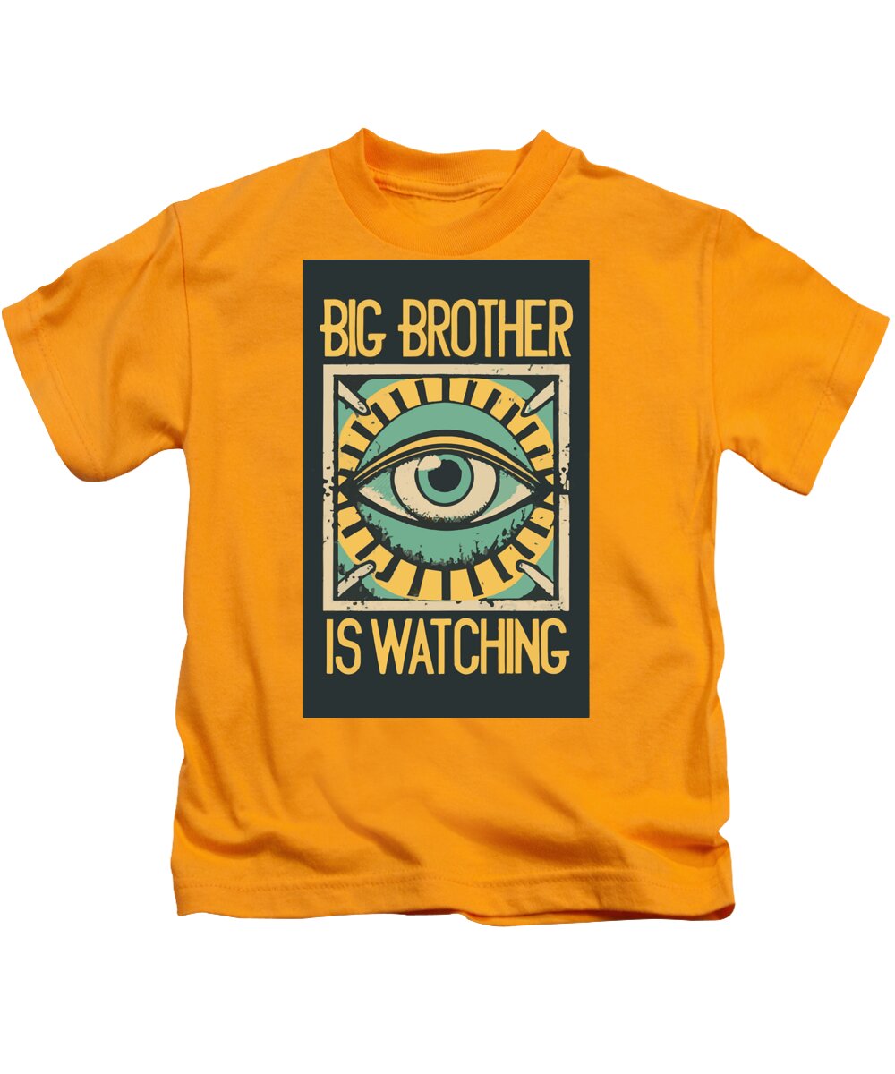Kids gold T-shirt with front eye graphic and yellow “BIG BROTHER IS WATCHING” text