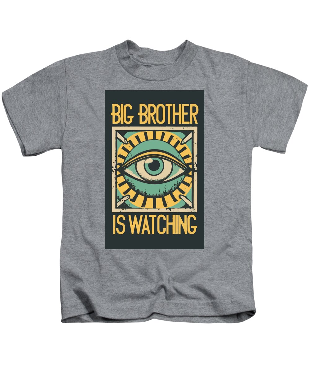 Kids heather gray T-shirt with front eye graphic and yellow “BIG BROTHER IS WATCHING” text