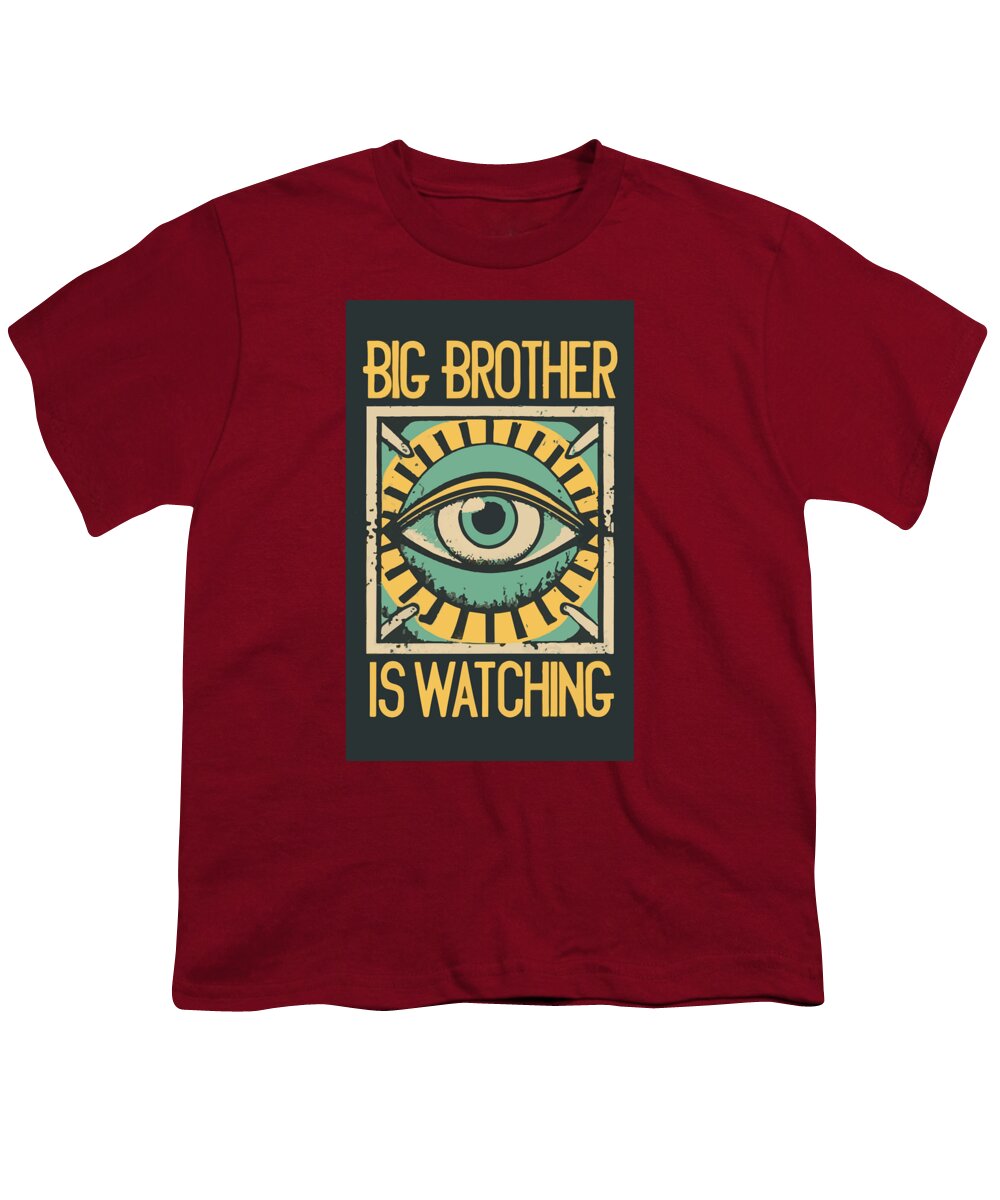 Youth t-shirt, cardinal red, with front eye graphic and "Big Brother is Watching"