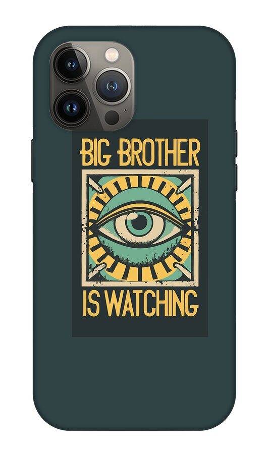 Teal phone case with framed eye design and “Big Brother is Watching” wording