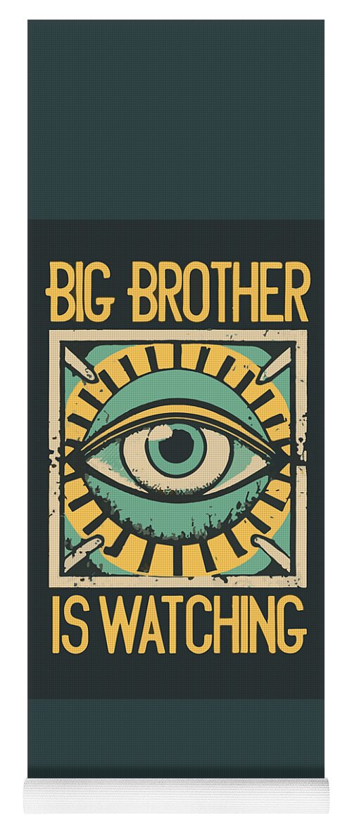 Yoga mat with dark teal cover and Big Brother eye graphic with text