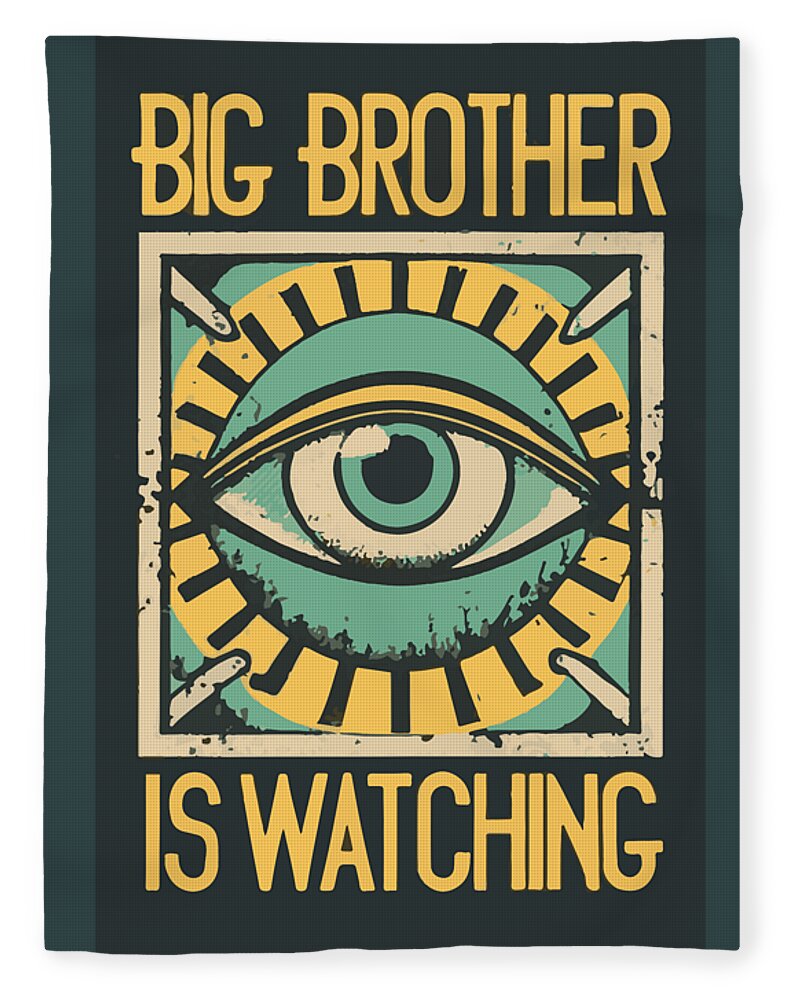 Big Brother is Watching throw blanket with centered teal eye and yellow lettering