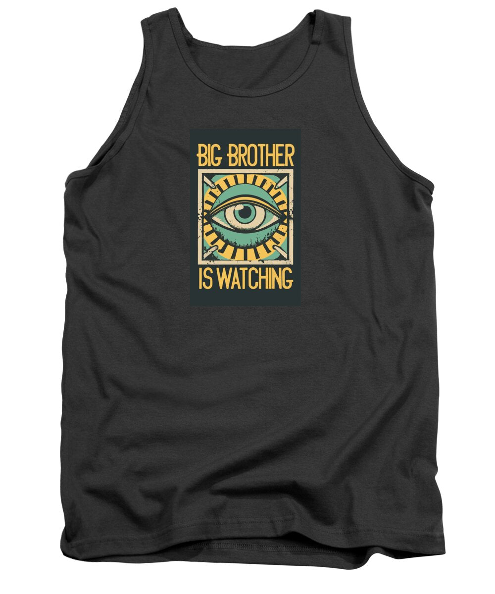Charcoal tank top with crew neck and front eye graphic print in a dark square