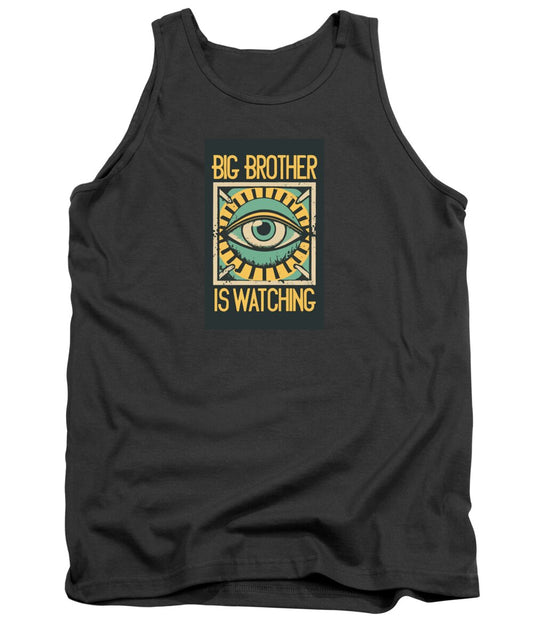 Charcoal tank top with crew neck and front eye graphic print in a dark square