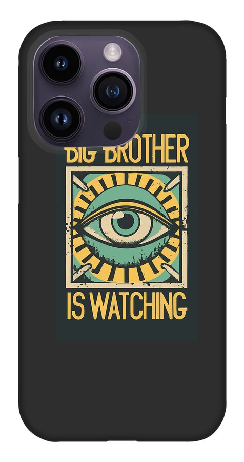 Dark purple phone case with teal eye graphic and BIG BROTHER IS WATCHING text, camera cutouts