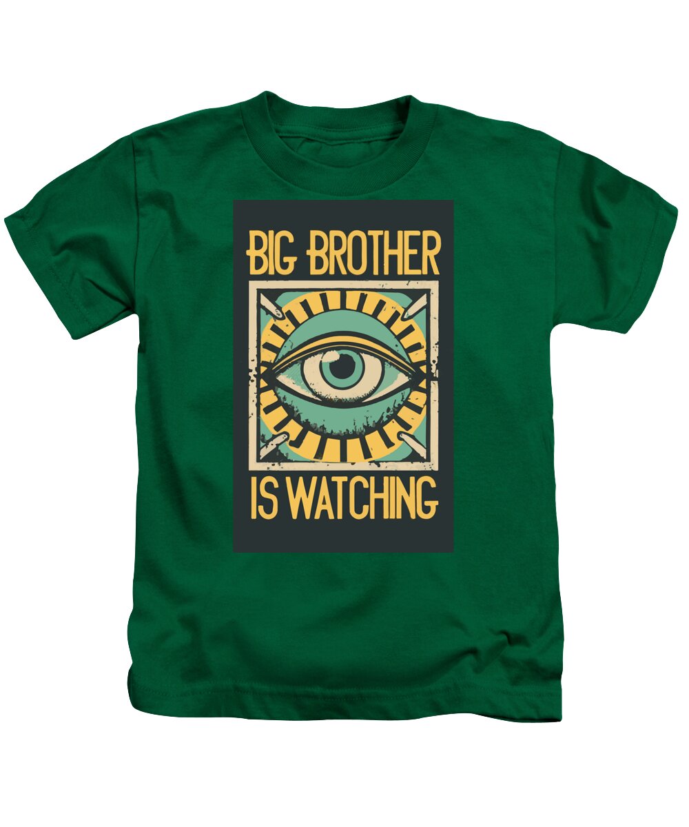 Kids kelly green T-shirt with front eye graphic and yellow “BIG BROTHER IS WATCHING” text