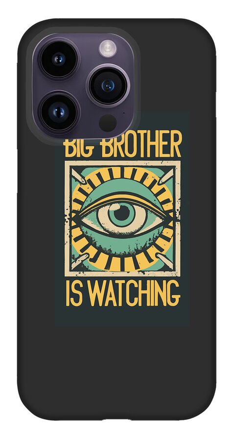 Dark purple phone case with teal eye emblem in beige square and BIG BROTHER IS WATCHING text