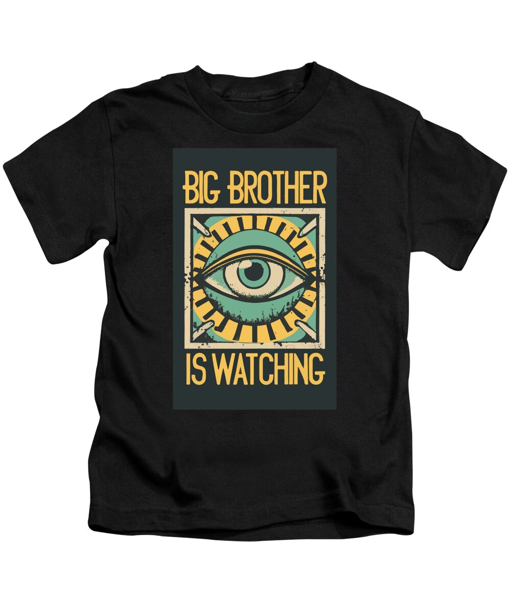 Kids black T-shirt with front eye graphic and yellow “BIG BROTHER IS WATCHING” text