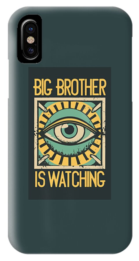 Dark teal phone case with centered eye graphic and 'IS WATCHING' text; one camera.