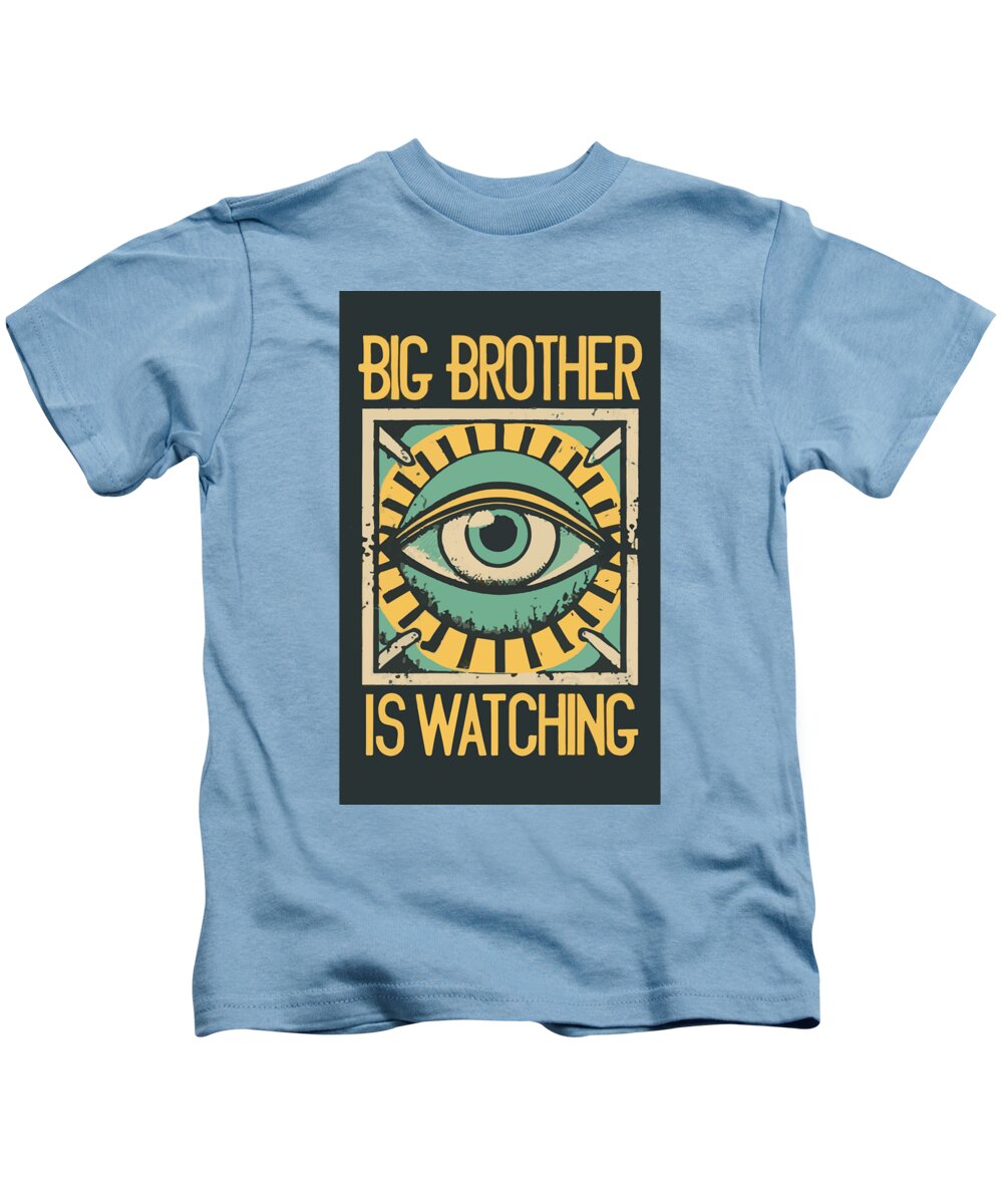 Kids light blue T-shirt with front eye graphic and yellow “BIG BROTHER IS WATCHING” text