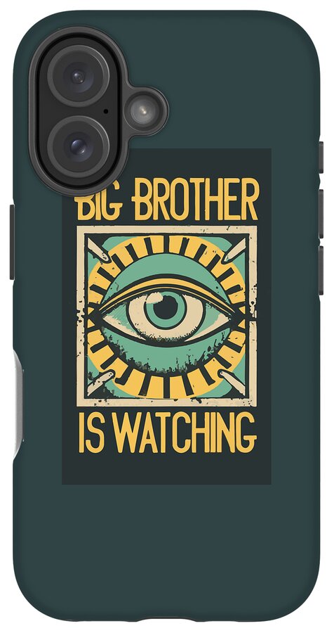 Dark teal phone case with eye graphic and 'IS WATCHING' text; triple-lens back.