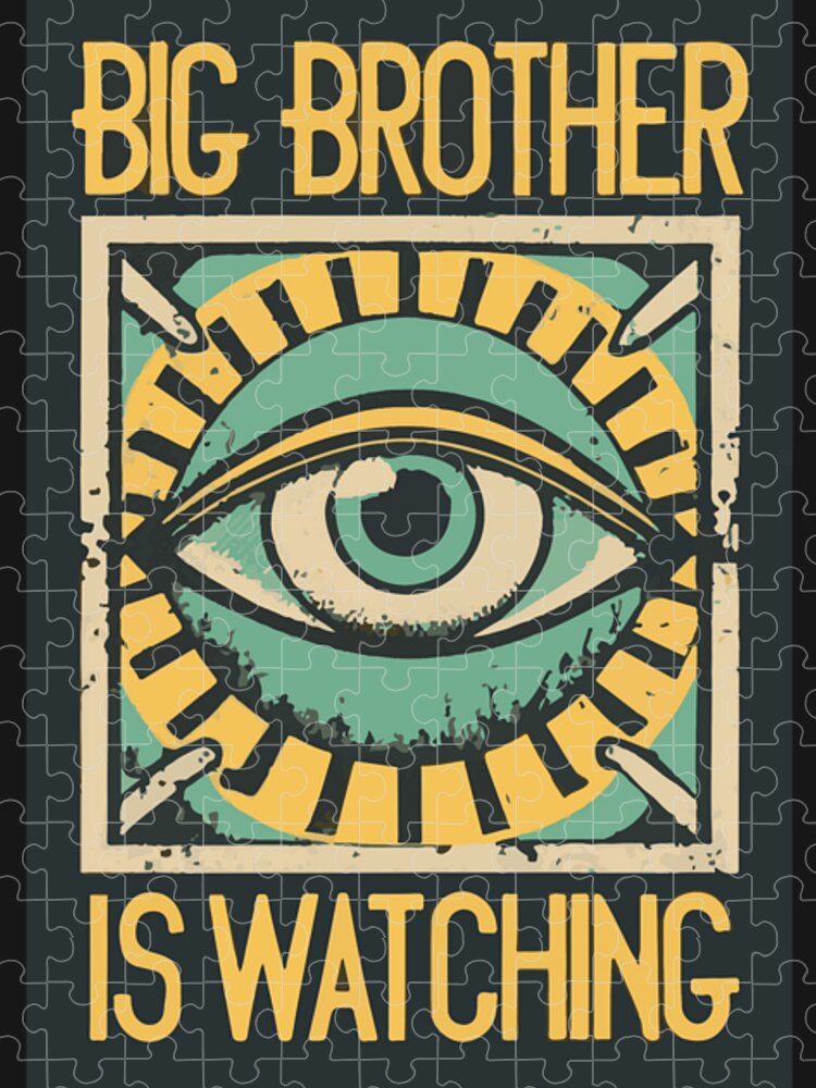 Puzzle featuring teal eye illustration and text “BIG BROTHER IS WATCHING”