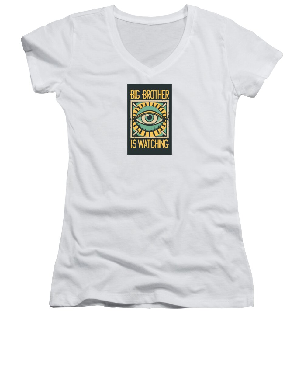 White women's v-neck T-shirt with square eye graphic and text