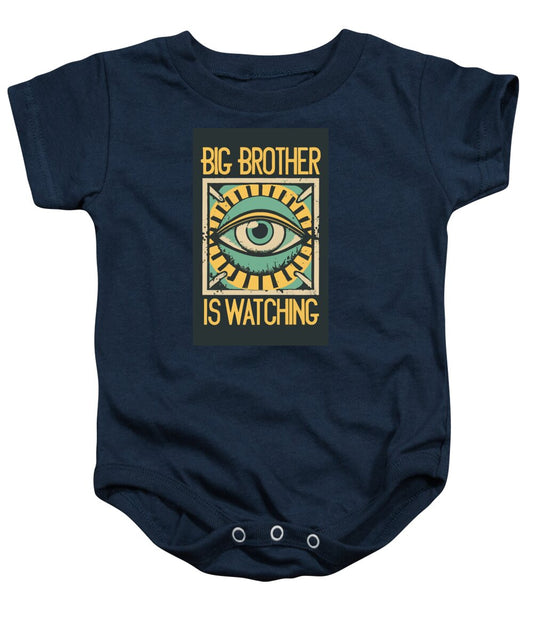 Navy baby onesie with colorful eye graphic on the front and snap closure bottom.