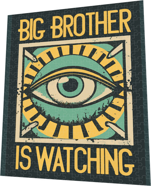Jigsaw puzzle box with eye illustration and "BIG BROTHER IS WATCHING" lettering