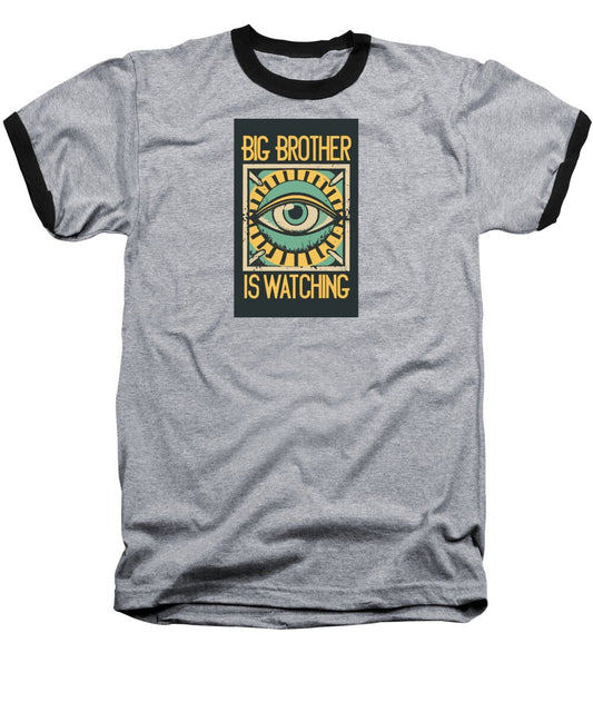 Heather gray baseball T-shirt with black collar, sleeves, and front eye graphic.
