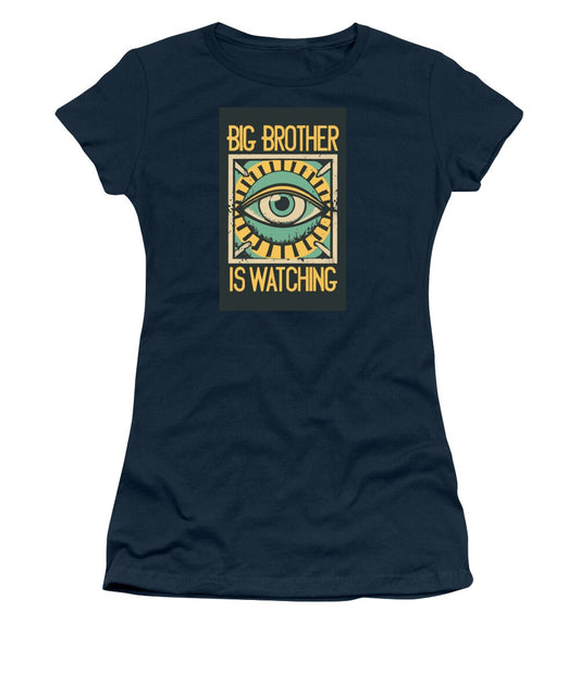 Navy women's graphic T-shirt with eye logo and “Big Brother is watching” print