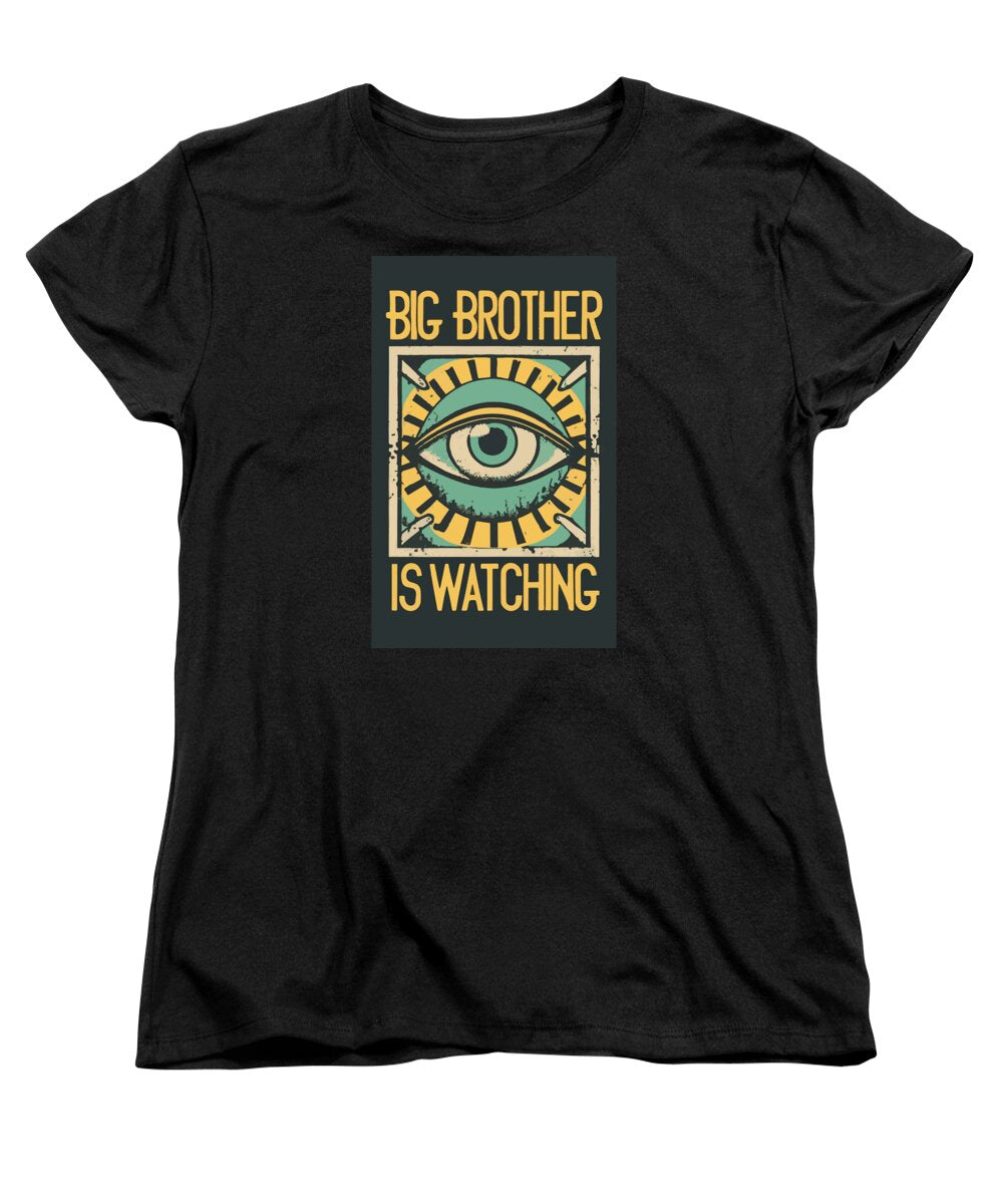 Black women's T-shirt with eye slogan graphic, crew neck.