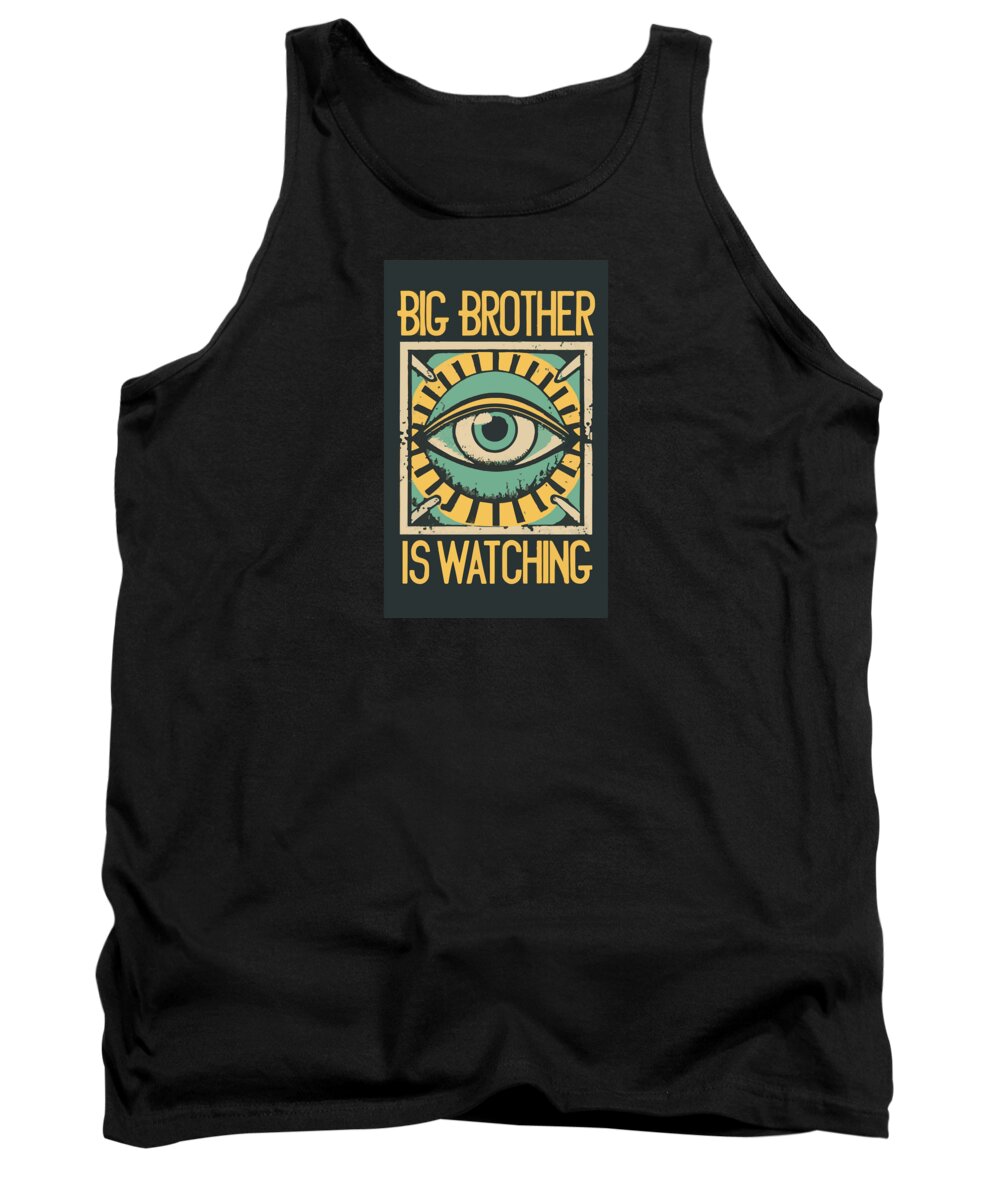 Black tank top with crew neck and front eye graphic print in a dark square