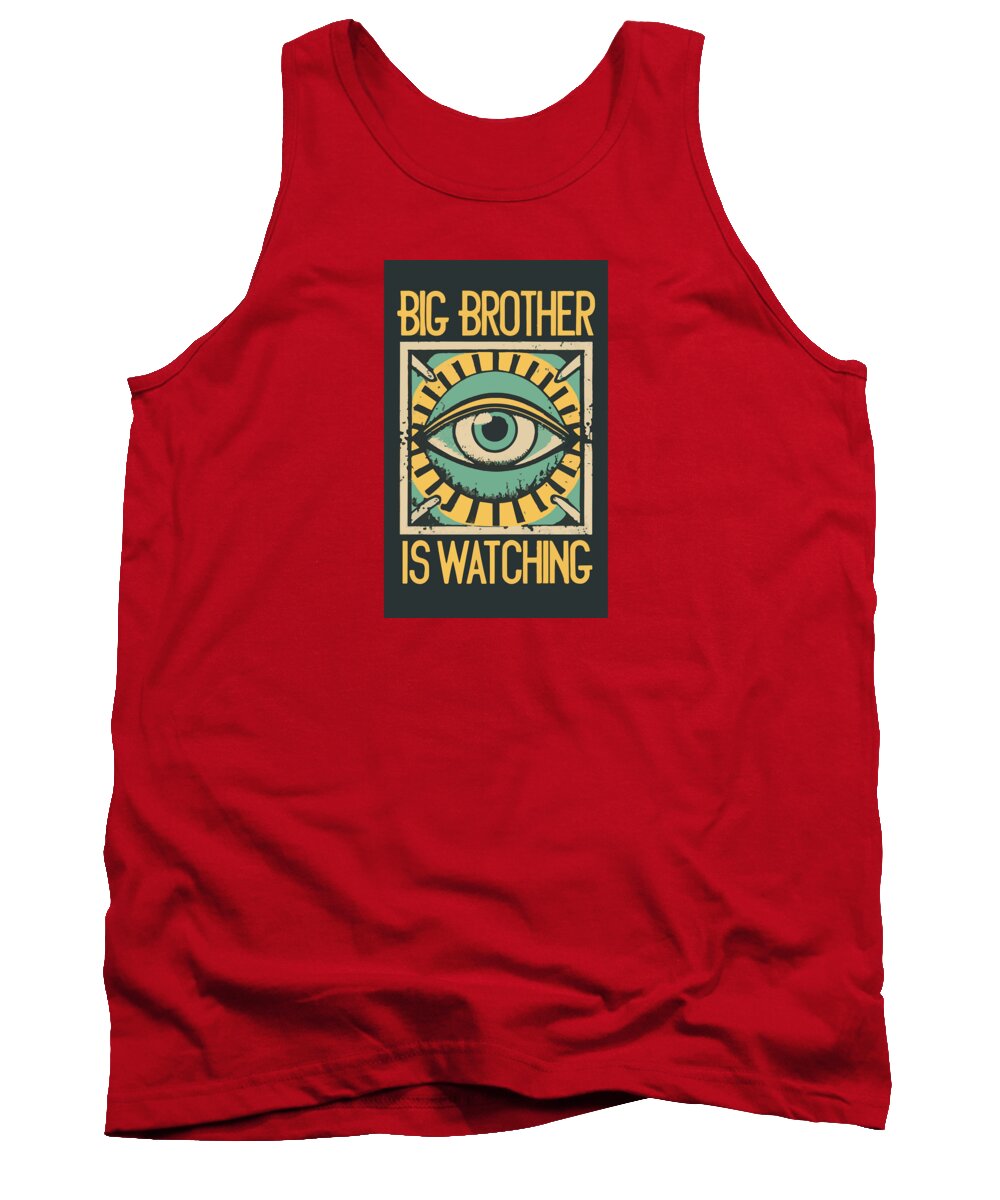 Red tank top with crew neck and front eye graphic print in a dark square