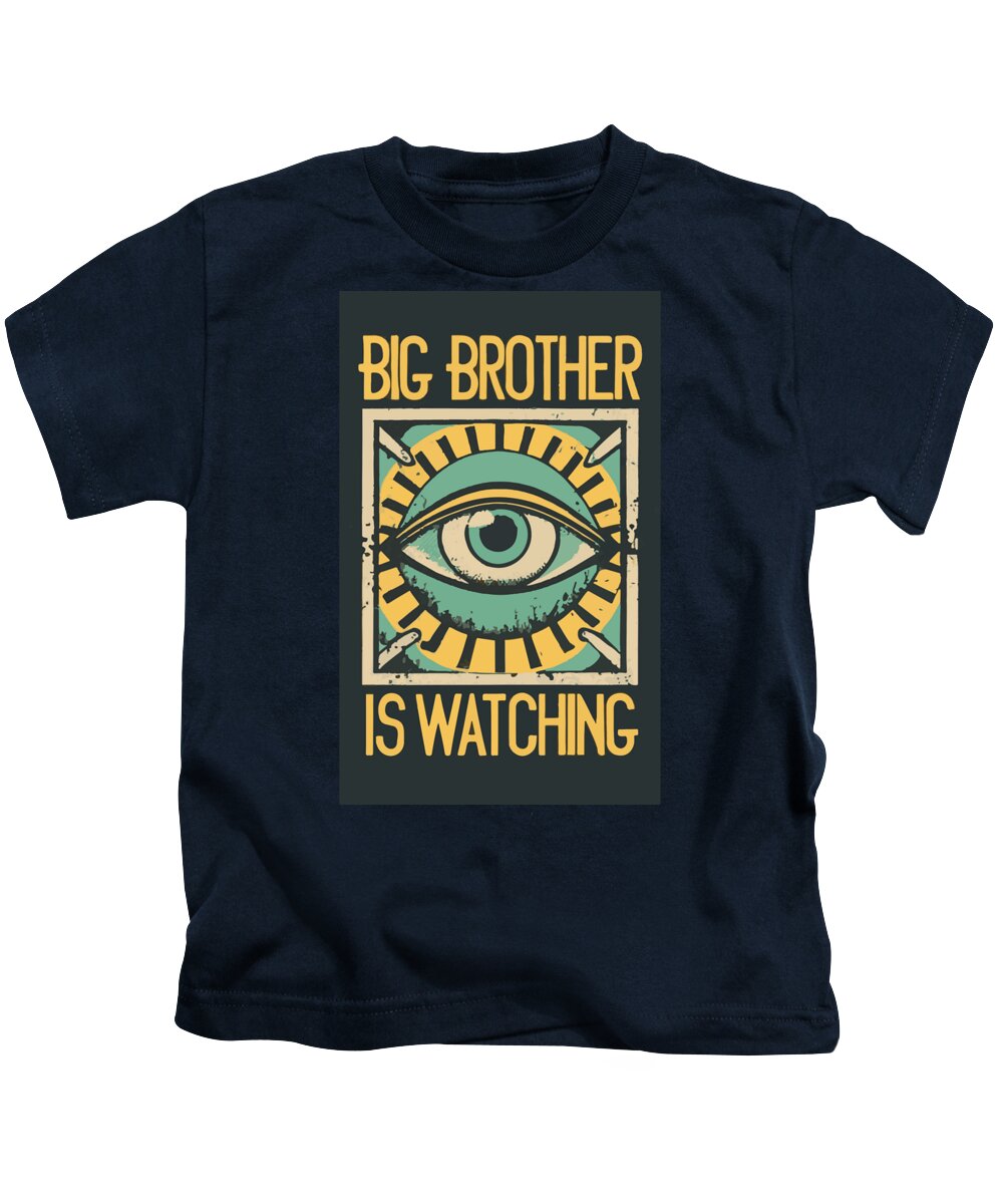Kids navy T-shirt with front eye graphic and yellow “BIG BROTHER IS WATCHING” text
