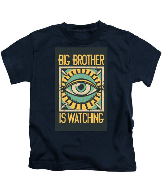 Kids navy T-shirt with front eye graphic and yellow “BIG BROTHER IS WATCHING” text