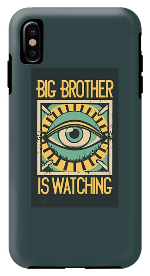Dark teal phone case with eye graphic and 'IS WATCHING' text; one camera.