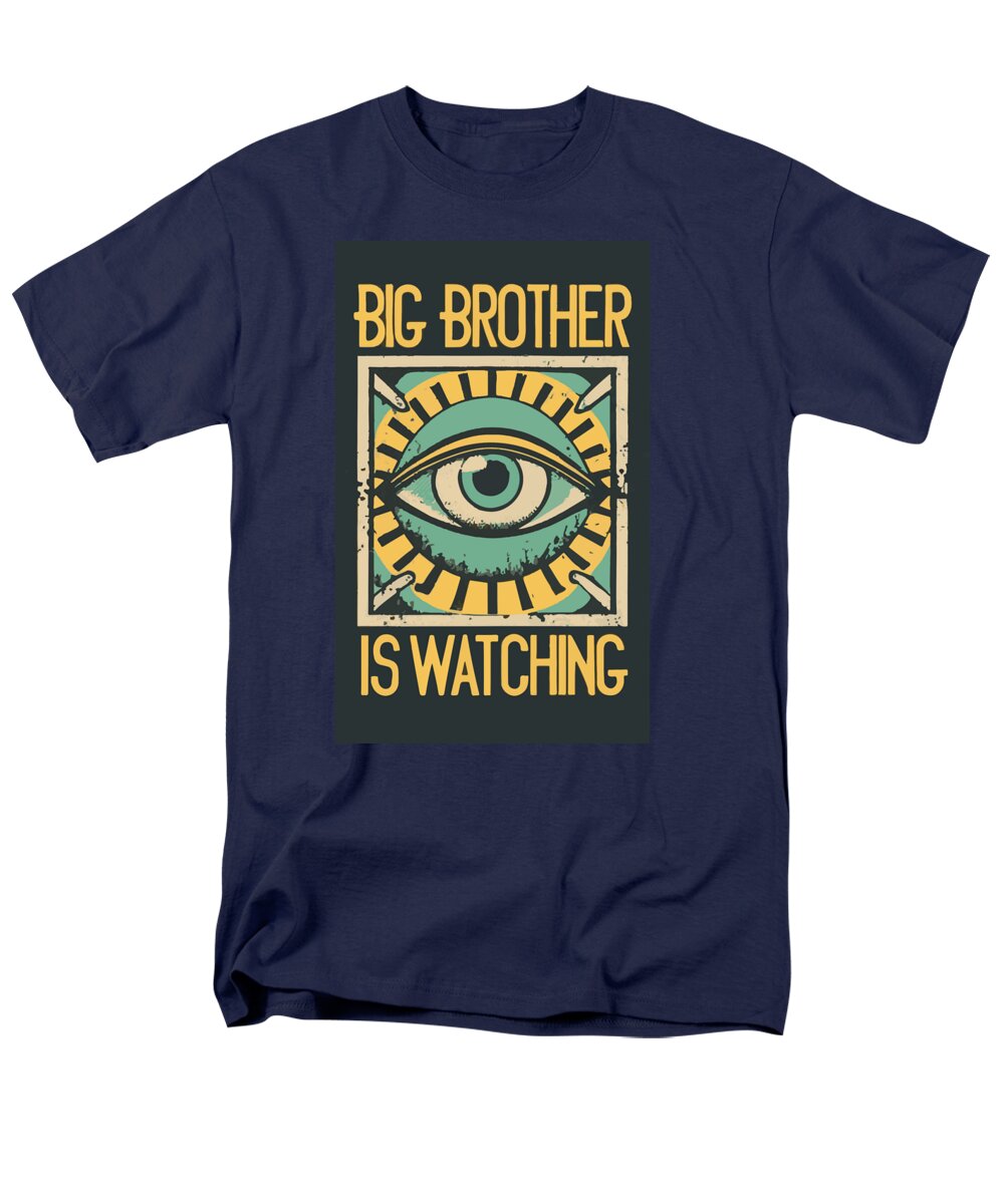 Navy men’s t-shirt with “Big Brother is Watching” eye graphic on front