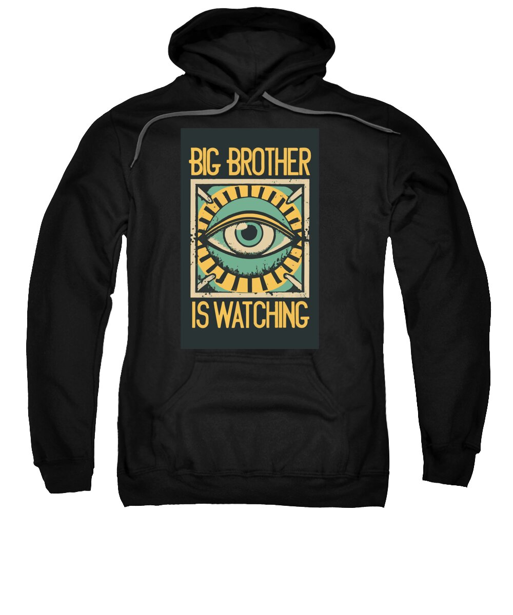 Black pullover hoodie with large front eye graphic and text detail