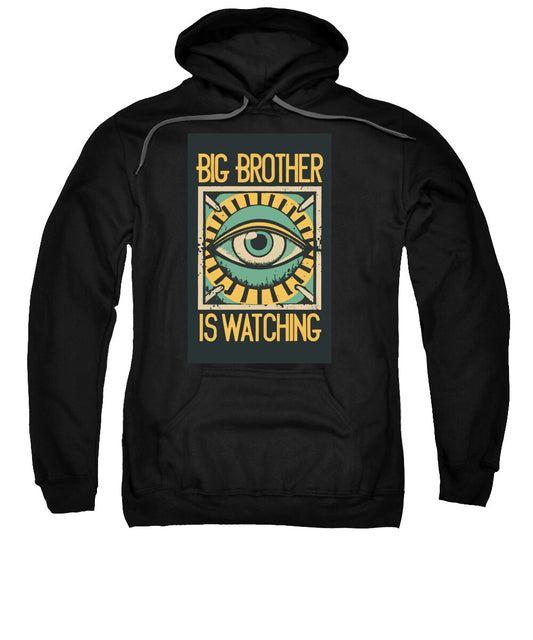 Black pullover hoodie with large front eye graphic and text detail