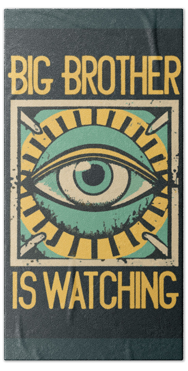 Beach towel with teal eye illustration and yellow BIG BROTHER IS WATCHING lettering