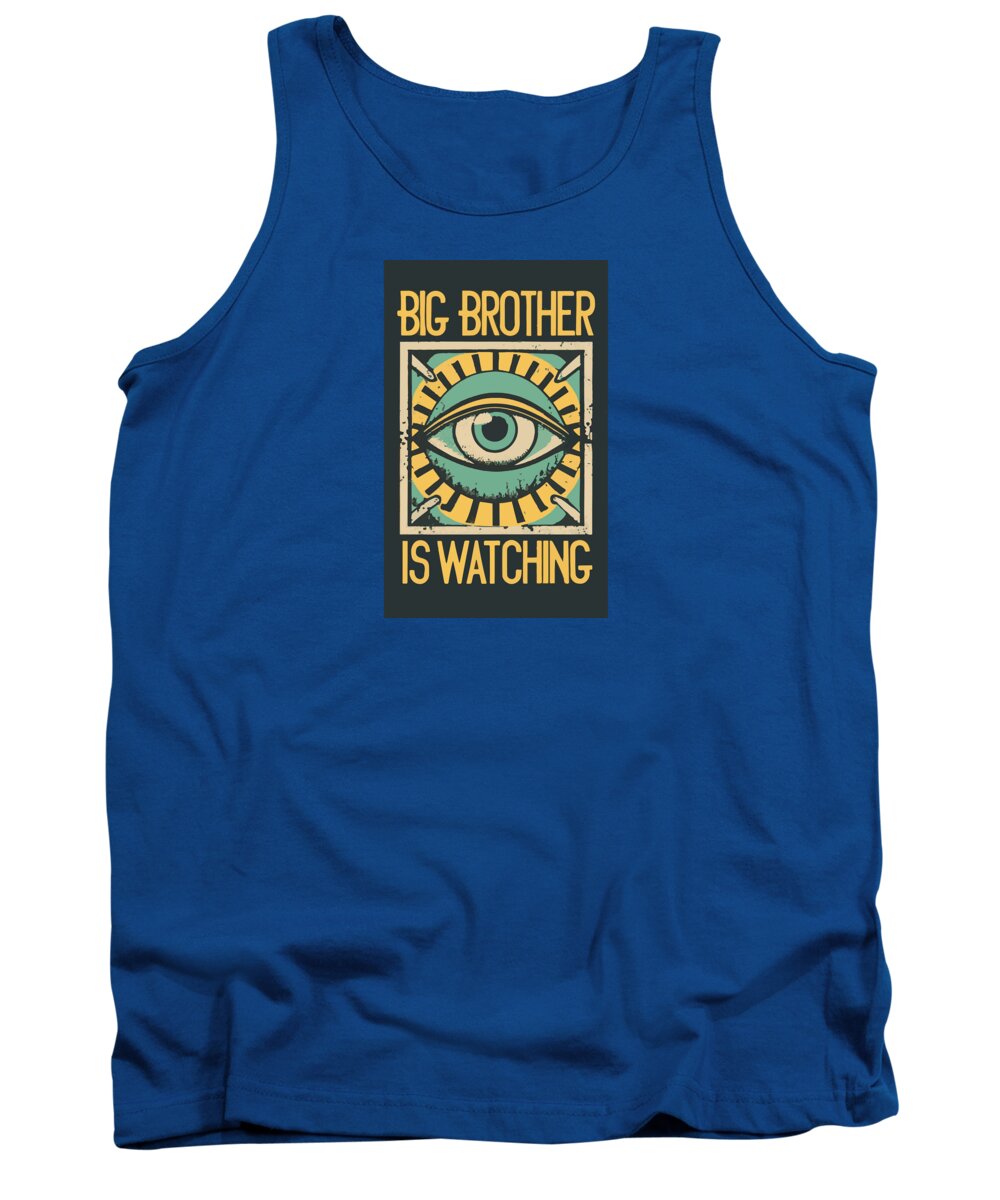 Royal blue tank top with crew neck and front eye graphic print in a dark square