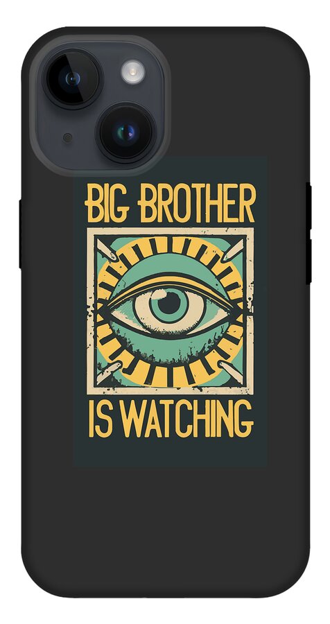Black phone case with teal eye graphic in beige frame and BIG BROTHER IS WATCHING text