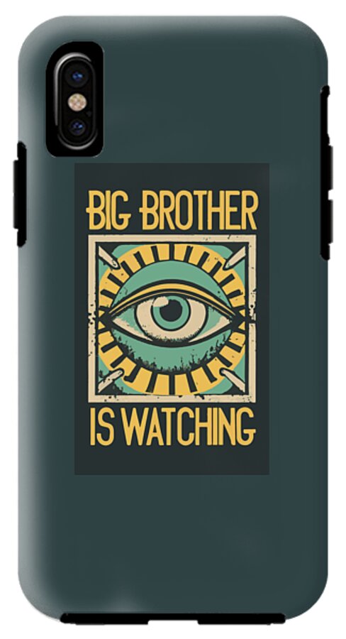 Dark teal phone case with eye graphic and 'IS WATCHING' text; side button cutouts.