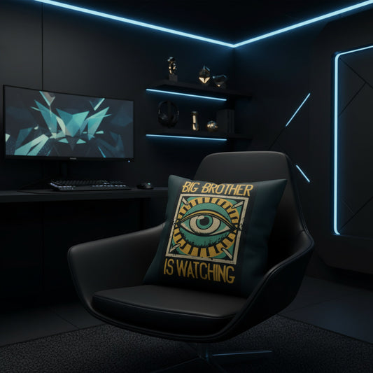 Dark teal throw pillow with front graphic: Big Brother is watching eye poster
