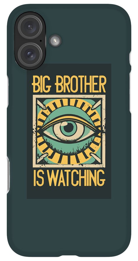 Dark teal phone case with eye graphic and 'IS WATCHING' text; multi-camera array.