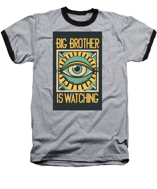 Heather baseball T-shirt with black trim, eye graphic print reading "is watching"