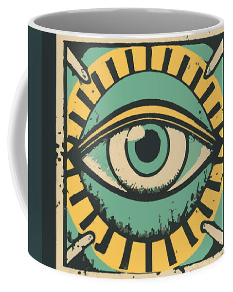 Ceramic mug with stylized green eye graphic on colorful wrap.