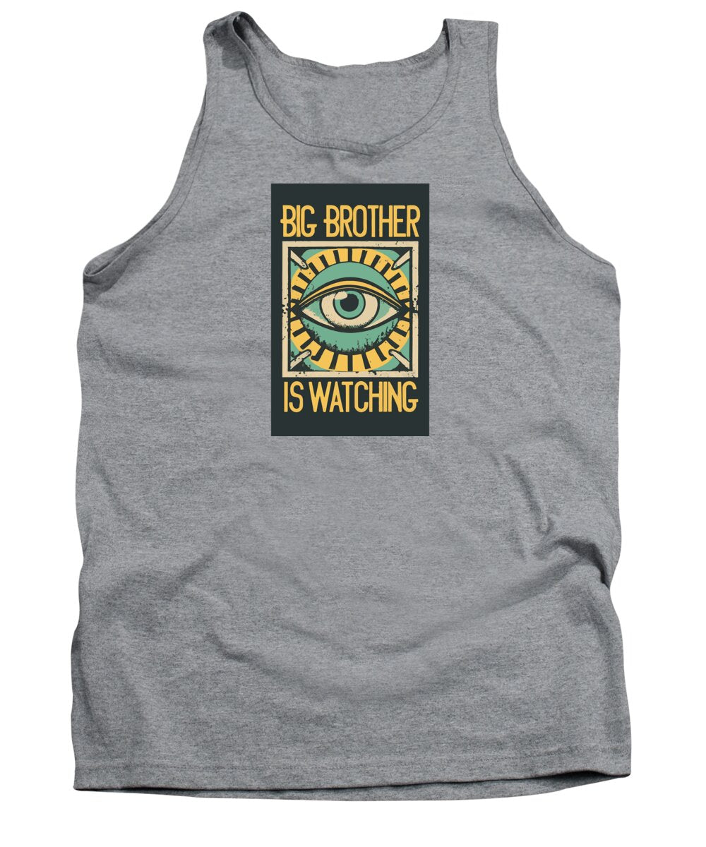Heather gray tank top with crew neck and front eye graphic print in a dark square