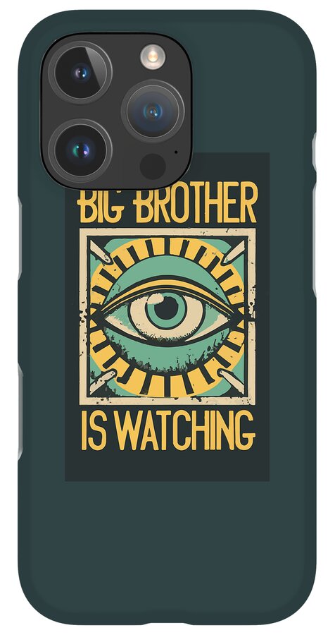 Dark teal phone case with eye graphic and 'IS WATCHING' text; multi-camera array.