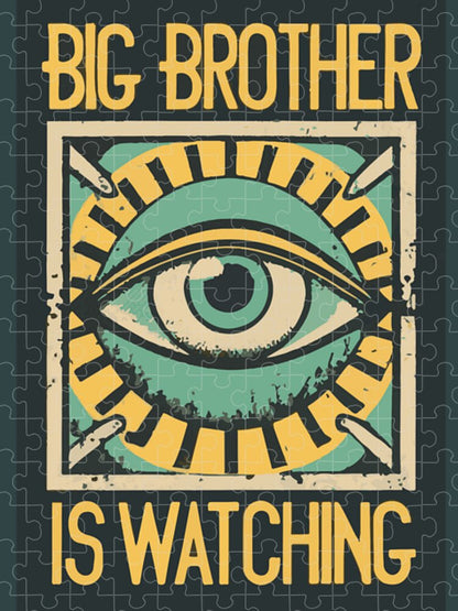 Jigsaw puzzle box with stylized eye graphic and "IS WATCHING" text